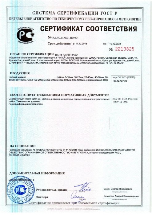 Сертификат на черный мрамор в Орле 